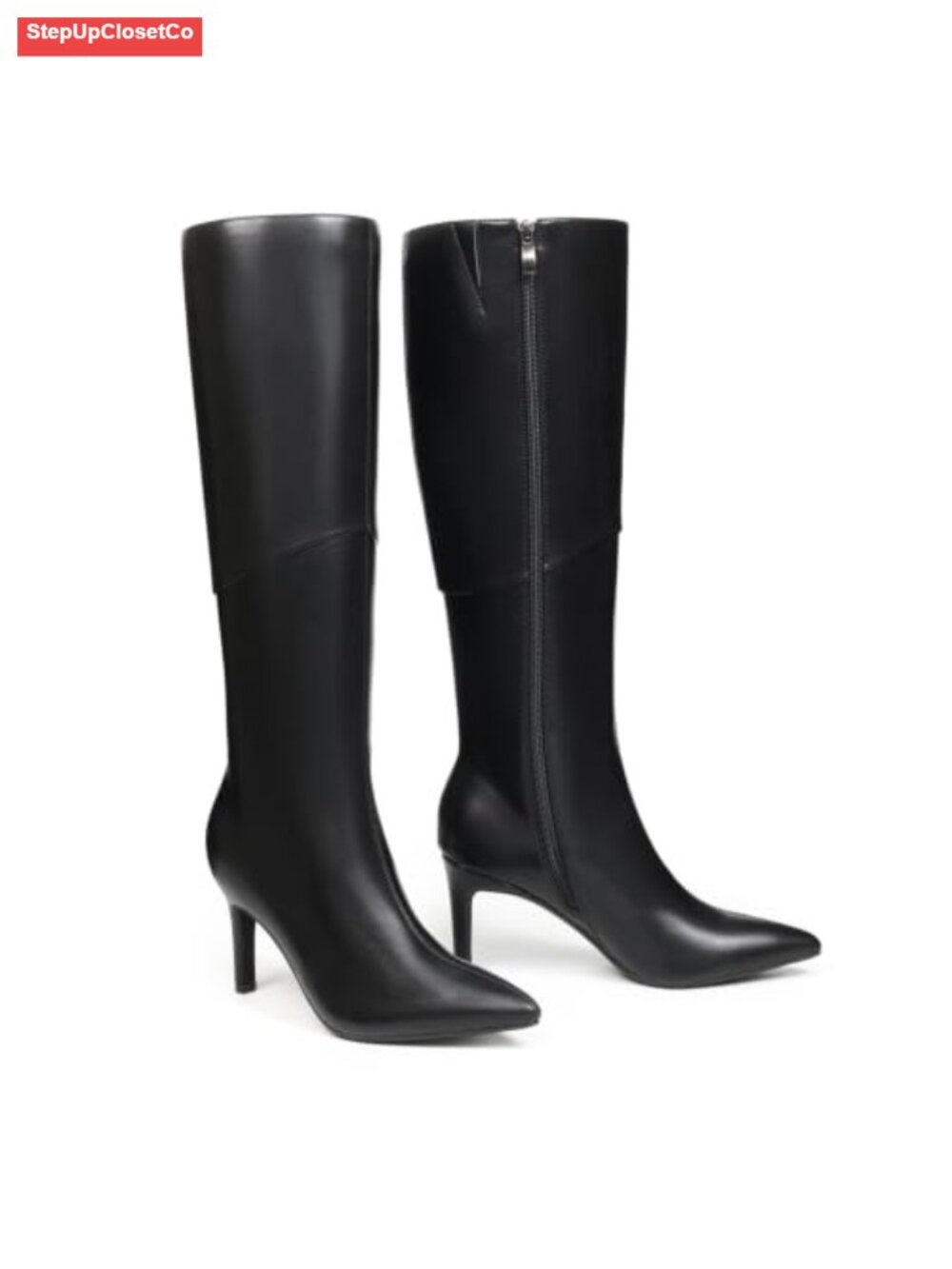 Faux Leather Knee High Boots Pointed Toe 3.2 Inch Stiletto Heel Tall Boots